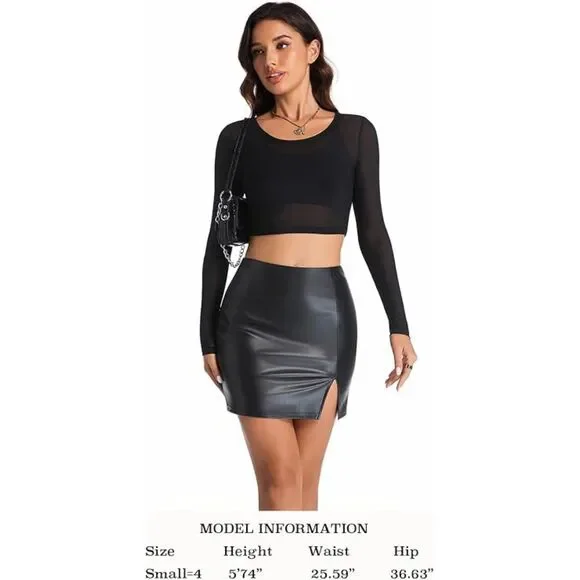 Black Leather Waisted High Side Slit Bodycon Mini Skirt, Large, 7F-184B002 - Picture 3 of 5